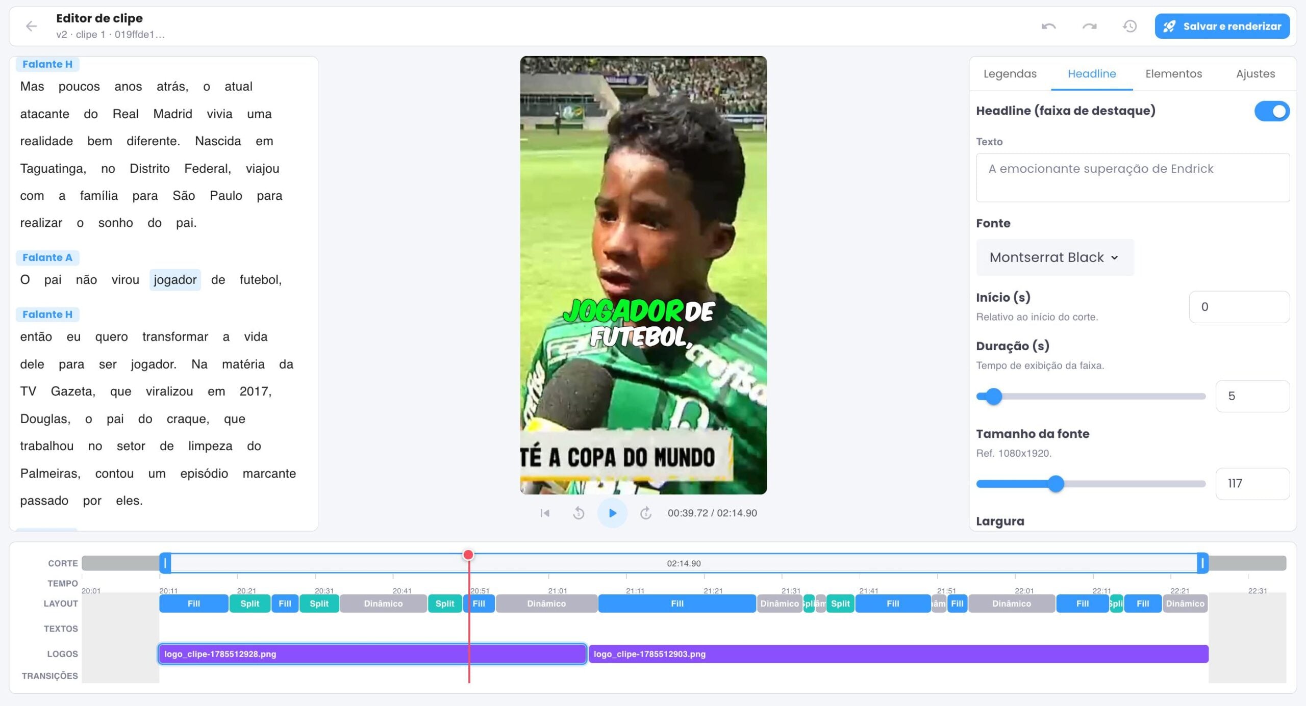 Editor da Spalla para personalizar e revisar clipes virais